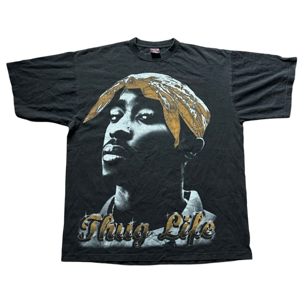 Tupac Shakur Mens Vintage 90s Thug Life Graphic Tee 2XL Black Gold Cotton Shirt